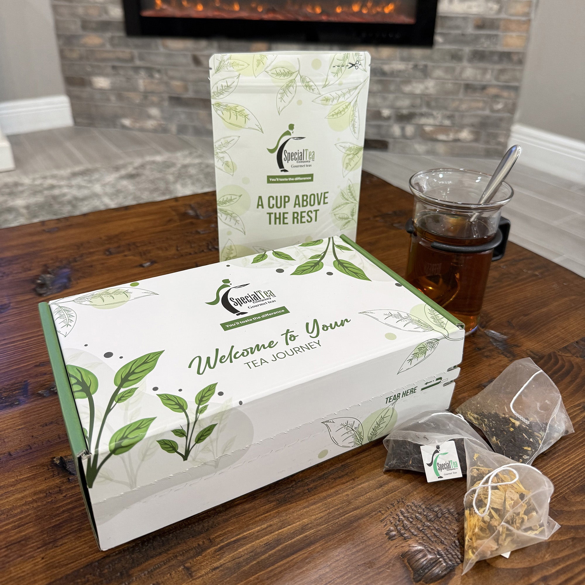 Tea packaging with Special Tea branding on a wooden surface.