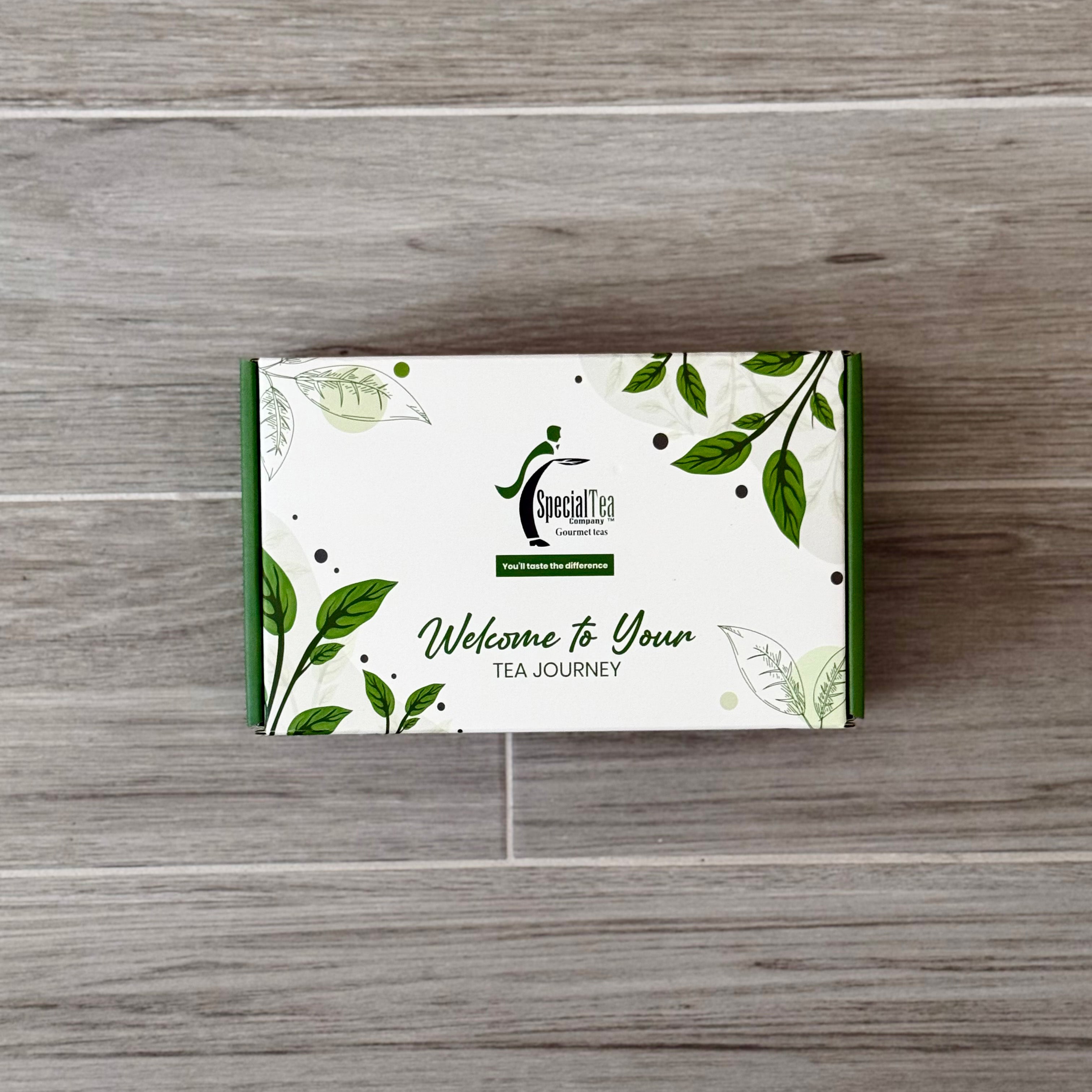 Tea packaging with green leaves on a wooden surface